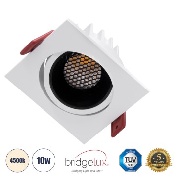 LEO-SQ  Χωνευτό LED Spot Downlight TrimLess Μ8.5xΠ8.5cm 10W 1300lm 38° AC 220-240V IP20 Μ8.5 x Π8.5 x Υ6.6cm - Τετράγωνο - Κινούμενο - Λευκό με Μαύρο Κάτοπτρο & Anti-Glare HoneyComb - Φυσικό Λευκό 4500K - Bridgelux COB