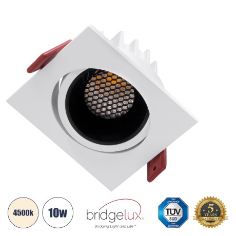 LEO-SQ  Χωνευτό LED Spot Downlight TrimLess Μ8.5xΠ8.5cm 10W 1300lm 38° AC 220-240V IP20 Μ8.5 x Π8.5 x Υ6.6cm - Τετράγωνο - Κινούμενο - Λευκό με Μαύρο Κάτοπτρο & Anti-Glare HoneyComb - Φυσικό Λευκό 4500K - Bridgelux COB