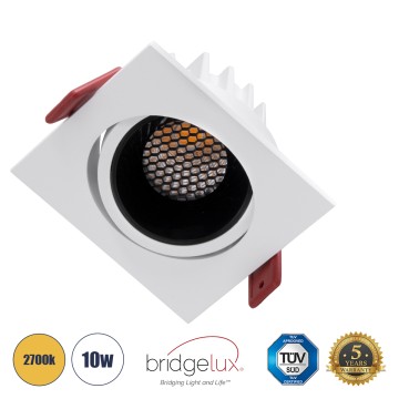 LEO-SQ  Χωνευτό LED Spot Downlight TrimLess Μ8.5xΠ8.5cm 10W 1250lm 38° AC 220-240V IP20 Μ8.5 x Π8.5 x Υ6.6cm - Τετράγωνο - Κινούμενο - Λευκό με Μαύρο Κάτοπτρο & Anti-Glare HoneyComb - Θερμό Λευκό 2700K - Bridgelux COB