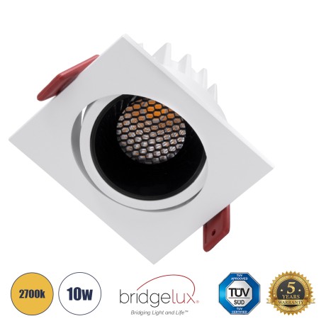 LEO-SQ  Χωνευτό LED Spot Downlight TrimLess Μ8.5xΠ8.5cm 10W 1250lm 38° AC 220-240V IP20 Μ8.5 x Π8.5 x Υ6.6cm - Τετράγωνο - Κινούμενο - Λευκό με Μαύρο Κάτοπτρο & Anti-Glare HoneyComb - Θερμό Λευκό 2700K - Bridgelux COB