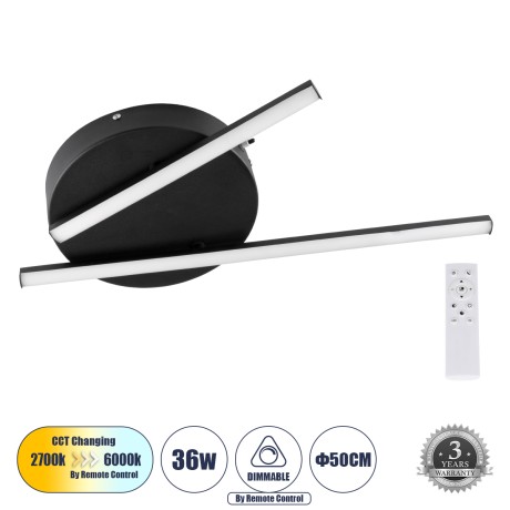 GLOBOSTAR® DRACO  Μοντέρνο Φωτιστικό Οροφής LED 36W 4428lm 120° AC 220-240V IP20 Ρυθμιζόμενο Λευκό CCT με Χειριστήριο από 2700K έως 6000K Dimmable - Lumileds SMD Chip - Μαύρο Ματ - Μ50 x Π50 x Υ6cm
