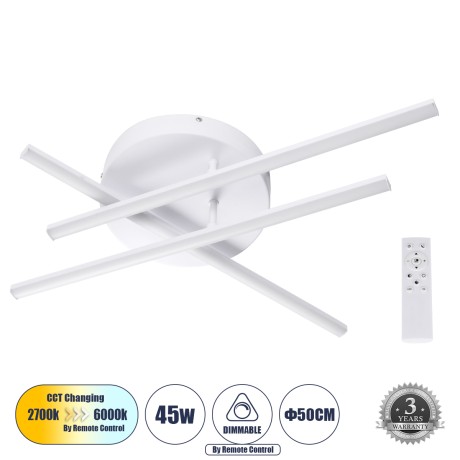 GLOBOSTAR® DRACO  Μοντέρνο Φωτιστικό Οροφής LED 45W 5535lm 120° AC 220-240V IP20 Ρυθμιζόμενο Λευκό CCT με Χειριστήριο από 2700K έως 6000K Dimmable - Lumileds SMD Chip - Λευκό Ματ - Μ50 x Π50 x Υ11cm