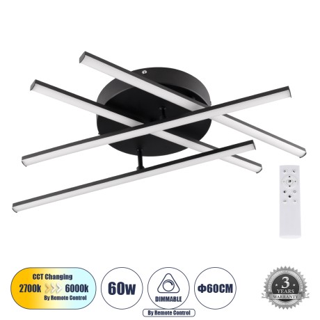 GLOBOSTAR® DRACO  Μοντέρνο Φωτιστικό Οροφής LED 60W 7380lm 120° AC 220-240V IP20 Ρυθμιζόμενο Λευκό CCT με Χειριστήριο από 2700K έως 6000K Dimmable - Lumileds SMD Chip - Μαύρο Ματ - Μ60 x Π60 x Υ11cm