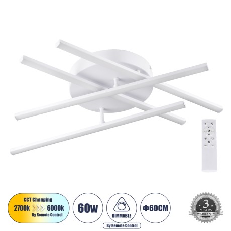 GLOBOSTAR® DRACO  Μοντέρνο Φωτιστικό Οροφής LED 60W 7380lm 120° AC 220-240V IP20 Ρυθμιζόμενο Λευκό CCT με Χειριστήριο από 2700K έως 6000K Dimmable - Lumileds SMD Chip - Λευκό Ματ - Μ60 x Π60 x Υ11cm