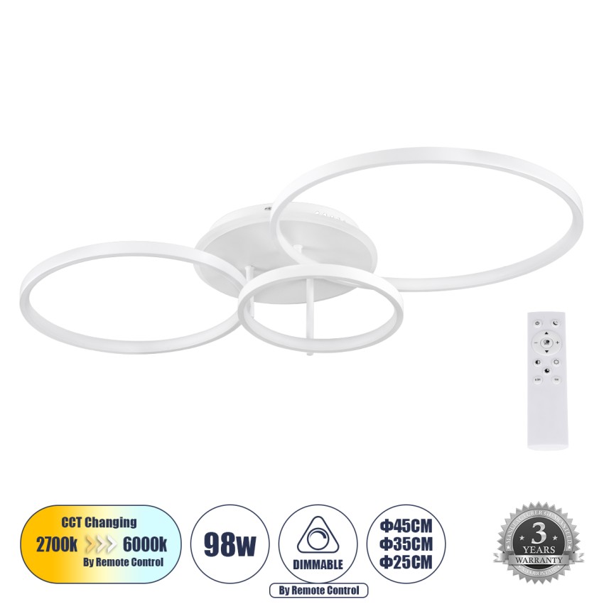 NEMESIS  Φωτιστικό Οροφής Δαχτυλίδι-Κύκλος LED CCT 98W 11858lm 360° AC 220-240V - Εναλλαγή Φωτισμού μέσω Τηλεχειριστηρίου All In One Ψυχρό 6000k+Φυσικό 4500k+Θερμό 2700k Dimmable Φ25+35+45cm+BackLight - Λευκό