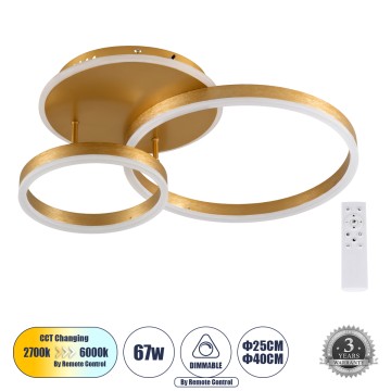 VENOM  Φωτιστικό Οροφής Δαχτυλίδι-Κύκλος LED CCT 67W 8107lm 360° AC 220-240V - Εναλλαγή Φωτισμού μέσω Τηλεχειριστηρίου All In One Ψυχρό 6000k+Φυσικό 4500k+Θερμό 2700k Dimmable Φ25+40cm+BackLight - Χρυσό Βούρτσας