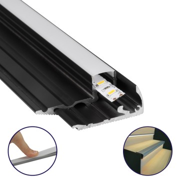 STAIR-PROFILE  Προφίλ Αλουμινίου - Βάση & Ψύκτρα Ταινίας LED με Λευκό Γαλακτερό Κάλυμμα - Χρήση σε Σκαλοπάτια - Πατητό Κάλυμμα - Μαύρο - 3 Μέτρα - Μ300 x Π6 x Υ2.1cm
