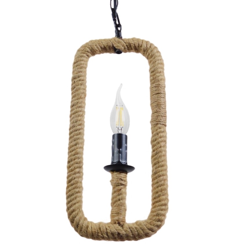LINDELL  Vintage Κρεμαστό Φωτιστικό Ανάρτηση Μονόφωτο 1 x E14 IP20 Μαύρο Μέταλλο με Μπεζ Σχοινί - Μ18 x Π18 x Υ33cm
