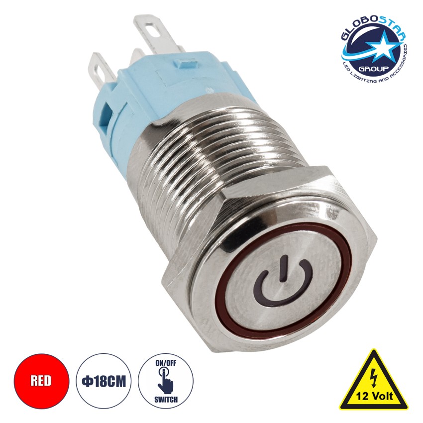 LED Φωτιζόμενος Διακόπτης Χωνευτός - Μπουτόν On/Off Ανοξείδωτος DC 12V με Angel Eye Αδιάβροχο Φ18mm IP67 Κόκκινο