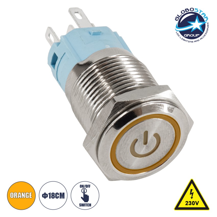 LED Φωτιζόμενος Διακόπτης Χωνευτός - Μπουτόν On/Off Ανοξείδωτος AC 220-240V Αδιάβροχο IP67 Φ18mm με Angel Eye Πορτοκαλί