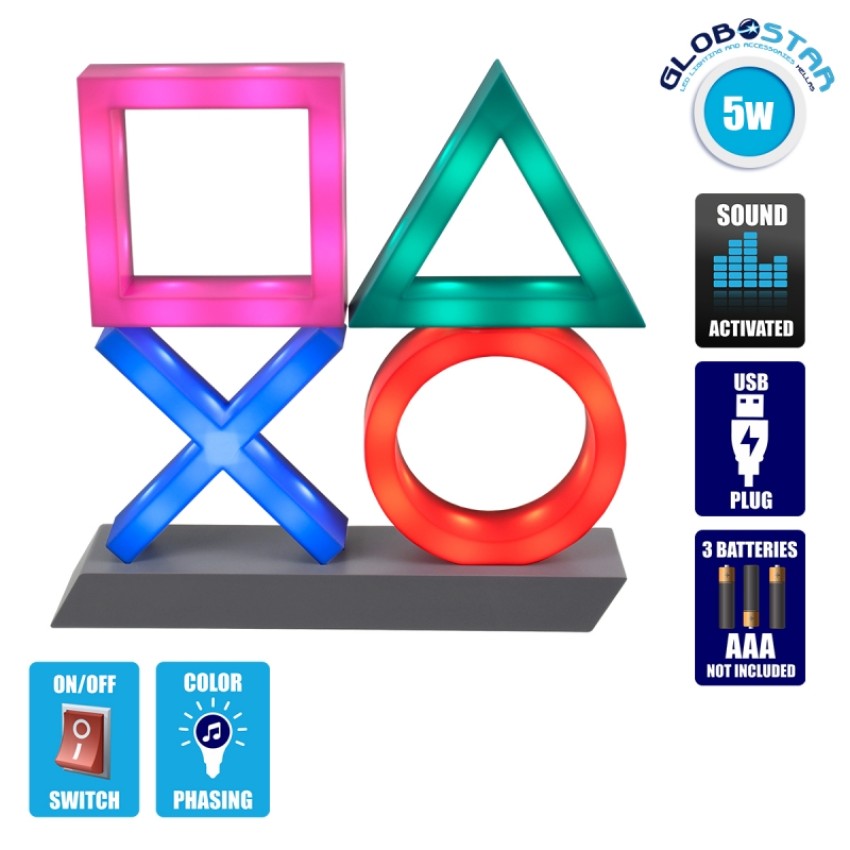 Επιτραπέζιο Διακοσμητικό Φωτιστικό LED 5W DC 5V Playstation Icons Light XL - Sound Activated - Καλώδιο Τροφοδοσίας USB - Πολύχρωμo με 3 Διαφορετικά Προγράμματα