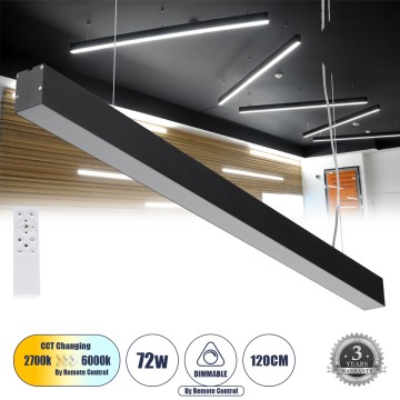 ORION -P Γραμμικό Κρεμαστό Φωτιστικό Linear LED CCT 72W 8600lm 120° AC 220-240V Μ120 x Π5.5 x Υ7cm - Εναλλαγή Φωτισμού μέσω Τηλεχειριστηρίου All In One Ψυχρό 6000k+Φυσικό 4500k+Θερμό 2700k Dimmable - Μαύρο