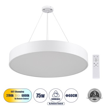 GLOBOSTAR® BURTON  Μοντέρνο Κρεμαστό Φωτιστικό Οροφής LED 75W 8625lm 120° AC 220-240V IP20 Ρυθμιζόμενο Λευκό CCT με Χειριστήριο από 2700K έως 6000K Dimmable - Lumileds SMD Chip - Λευκό Ματ - Μ60 x Π60 x Υ8cm
