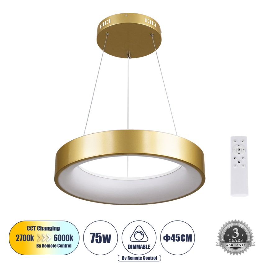 GLOBOSTAR® SALEM  Μοντέρνο Κρεμαστό Φωτιστικό Οροφής LED 75W 8625lm 120° AC 220-240V IP20 Ρυθμιζόμενο Λευκό CCT με Χειριστήριο από 2700K έως 6000K Dimmable - Lumileds SMD Chip - Χρυσό - Μ45 x Π45 x Υ7cm