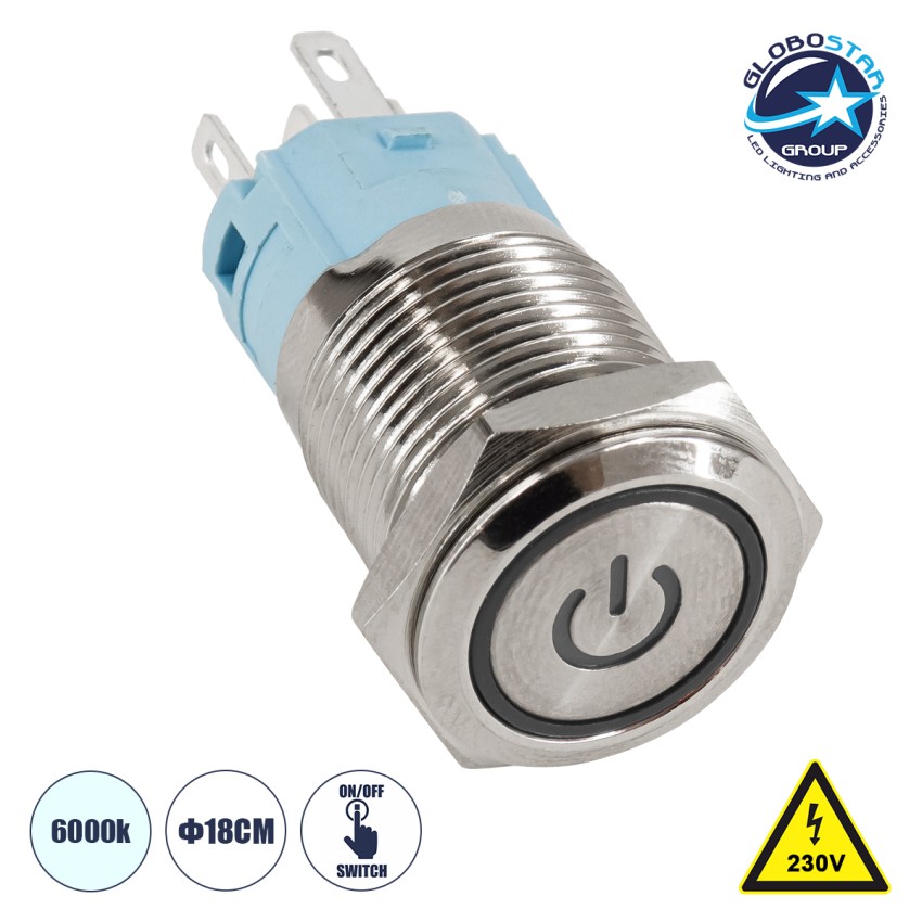 LED Φωτιζόμενος Διακόπτης Χωνευτός - Μπουτόν On/Off Ανοξείδωτος AC 220-240V Αδιάβροχο IP67 Φ18mm με Angel Eye Ψυχρό Λευκό 6000K