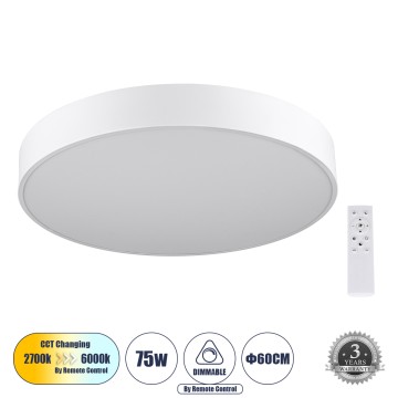 GLOBOSTAR® BURTON 61203-S Μοντέρνο Φωτιστικό Οροφής LED 75W 8625lm 120° AC 220-240V IP20 Ρυθμιζόμενο Λευκό CCT με Χειριστήριο από 2700K έως 6000K Dimmable - Lumileds SMD Chip - Λευκό Ματ - Μ60 x Π60 x Υ8cm