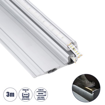 STAIR-PROFILE  Προφίλ Αλουμινίου - Βάση & Ψύκτρα Ταινίας LED με Λευκό Γαλακτερό Κάλυμμα - Χρήση σε Σκαλοπάτια - Πατητό Κάλυμμα - Ασημί - 3 Μέτρα - Μ300 x Π8 x Υ3.2cm
