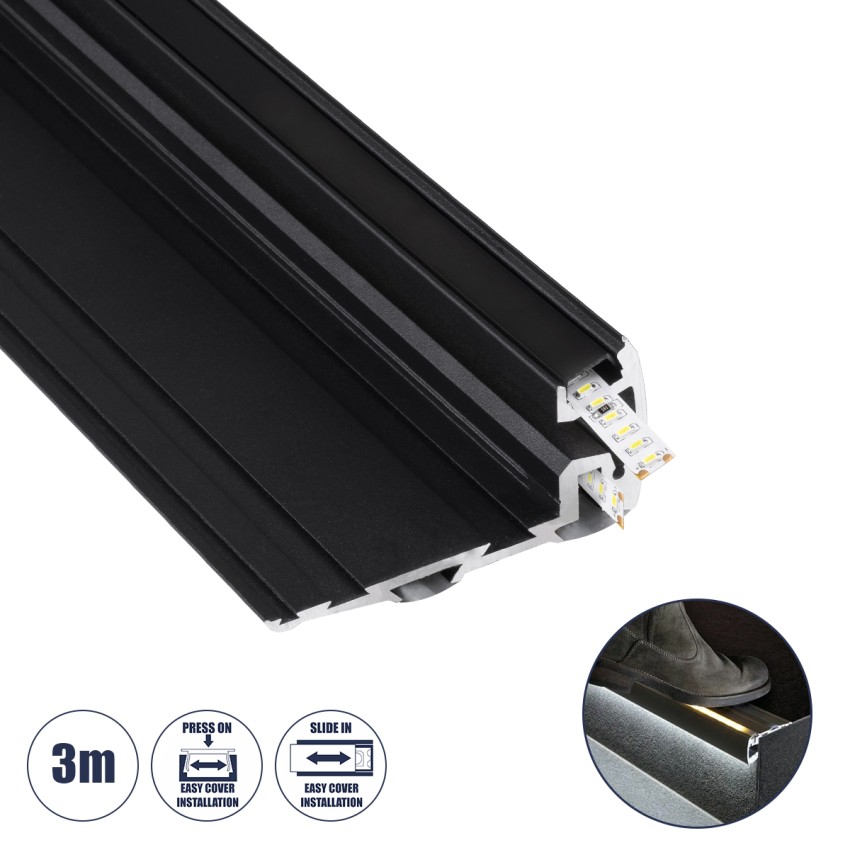 STAIR-PROFILE  Προφίλ Αλουμινίου - Βάση & Ψύκτρα Ταινίας LED με Μαύρο Φιμέ Κάλυμμα - Χρήση σε Σκαλοπάτια - Πατητό Κάλυμμα - Μαύρο - 3 Μέτρα - Μ300 x Π8 x Υ3.2cm