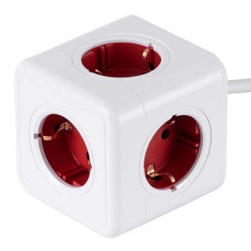 TRAVEL PowerCube PRO Certified  Πολύπριζο 5 Θέσεων με 1.5m Kαλώδιο - 5 Πρίζες Ασφαλείας Childproof EU Schuko AC 220-240V Μ7.5 x Π11.5 x Υ7.5 - Λευκό με Κόκκινο - Max Load 3680W/16A