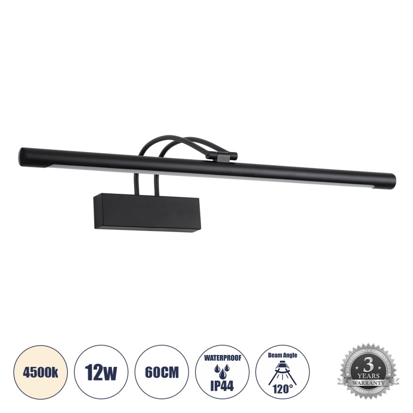 GLOBOSTAR® LAURA  Μοντέρνο Φωτιστικό Τοίχου - Απλίκα Καθρέπτη Μπάνιου LED 12W 1400lm 120° AC 220-240V IP20 Φυσικό Λευκό 4500K - Bridgelux SMD Chip - Μαύρο Ματ - Μ60 x Π27 x Υ13cm