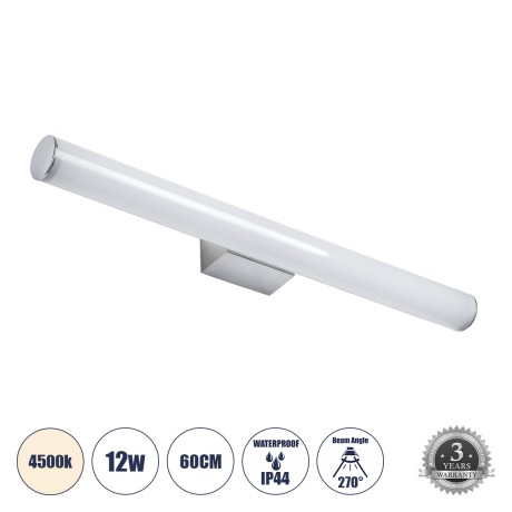 GLOBOSTAR® MABEL  Μοντέρνο Φωτιστικό Τοίχου - Απλίκα Καθρέπτη Μπάνιου LED 12W 1400lm 240° AC 220-240V IP20 Φυσικό Λευκό 4500K - Bridgelux SMD Chip - Νίκελ Χρώμιο - Μ60 x Π10 x Υ5cm