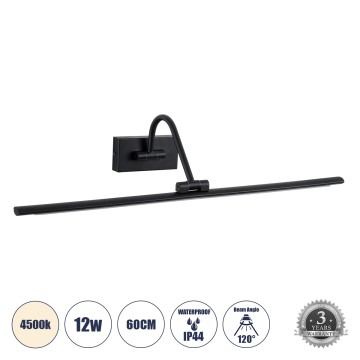 GLOBOSTAR® MIRA  Μοντέρνο Φωτιστικό Τοίχου - Απλίκα Καθρέπτη Μπάνιου LED 12W 1400lm 120° AC 220-240V IP20 Φυσικό Λευκό 4500K - Bridgelux SMD Chip - Μαύρο Ματ - Μ60 x Π20 x Υ13cm