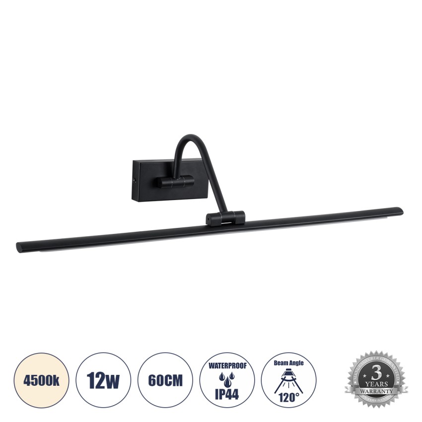 GLOBOSTAR® MIRA  Μοντέρνο Φωτιστικό Τοίχου - Απλίκα Καθρέπτη Μπάνιου LED 12W 1400lm 120° AC 220-240V IP20 Φυσικό Λευκό 4500K - Bridgelux SMD Chip - Μαύρο Ματ - Μ60 x Π20 x Υ13cm