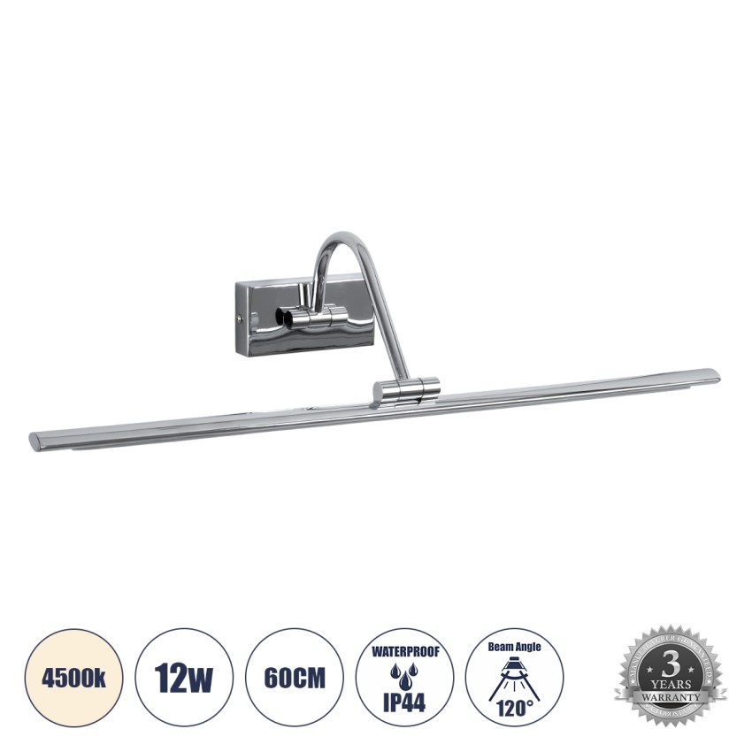 GLOBOSTAR® MIRA  Μοντέρνο Φωτιστικό Τοίχου - Απλίκα Καθρέπτη Μπάνιου LED 12W 1400lm 120° AC 220-240V IP20 Φυσικό Λευκό 4500K - Bridgelux SMD Chip - Νίκελ Χρώμιο - Μ60 x Π20 x Υ13cm