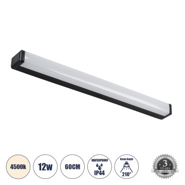 GLOBOSTAR® RENATA  Μοντέρνο Φωτιστικό Τοίχου - Απλίκα Καθρέπτη Μπάνιου LED 12W 1400lm 180° AC 220-240V IP20 Φυσικό Λευκό 4500K - Bridgelux SMD Chip - Μαύρο Ματ - Μ60 x Π4 x Υ5.5cm