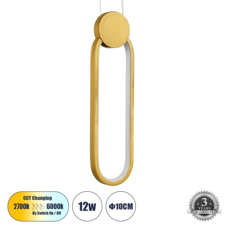 GLOBOSTAR® ILDI  Μοντέρνο Κρεμαστό Φωτιστικό Οροφής LED 12W 1440lm 300° AC 220-240V IP20 Ρυθμιζόμενο Λευκό CCT με On/Off 2700K/4500K/6000K - Lumileds SMD Chip - Χρυσό Βούρτσας - Μ10 x Π2.3 x Υ38cm