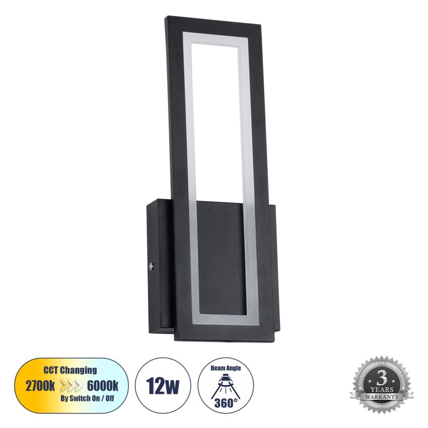 TIARA  Φωτιστικό Τοίχου - Απλίκα Design LED CCT 12W 1440lm 360° AC 220-240V - Εναλλαγή Φωτισμού μέσω Διακόπτη On/Off All In One Ψυχρό 6000k+Φυσικό 4500k+Θερμό 2700k Μ12.5 x Π4 x Υ32cm - Μαύρο