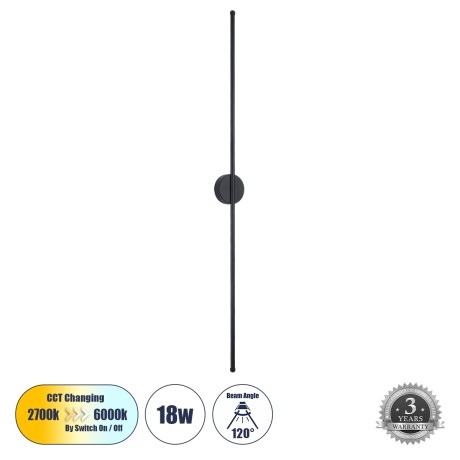 GLOBOSTAR® DIADEM  Μοντέρνο Φωτιστικό Τοίχου - Απλίκα LED 18W 2160lm 120° AC 220-240V IP20 Ρυθμιζόμενο Λευκό CCT με On/Off 2700K/4500K/6000K - Lumileds SMD Chip - Μαύρο Ματ - Μ10 x Π4 x Υ120cm