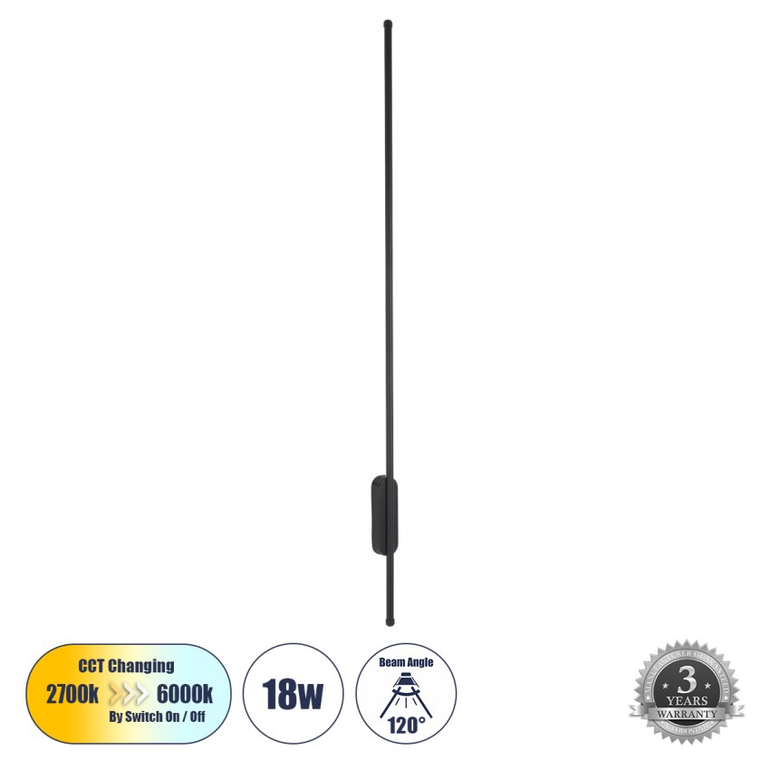 HARLEM  Φωτιστικό Τοίχου - Απλίκα Design LED CCT 18W 2160lm 120° AC 220-240V - Εναλλαγή Φωτισμού μέσω Διακόπτη On/Off All In One Ψυχρό 6000k+Φυσικό 4500k+Θερμό 2700k Μ5 x Π4 x Υ120cm - Μαύρο
