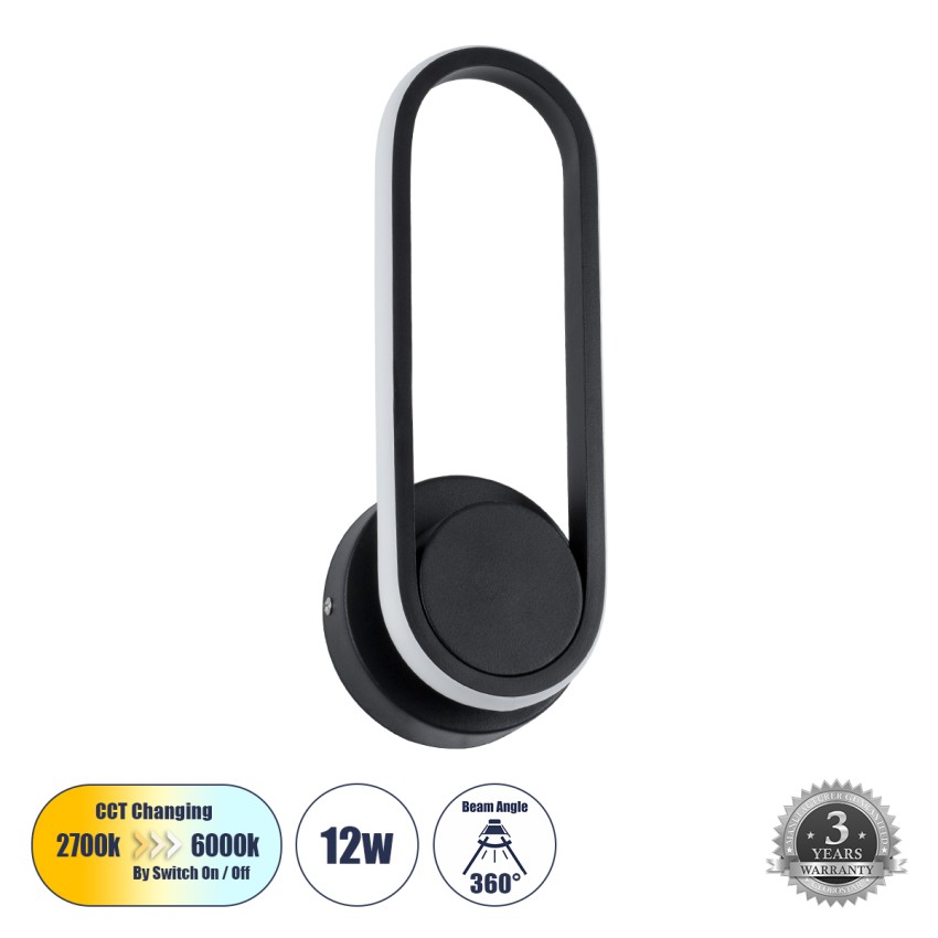 GLOBOSTAR® DALLAS  Μοντέρνο Φωτιστικό Τοίχου - Απλίκα LED 12W 1440lm 360° AC 220-240V IP20 Ρυθμιζόμενο Λευκό CCT με On/Off 2700K/4500K/6000K - Lumileds SMD Chip - Μαύρο Ματ - Μ12 x Π6.5 x Υ32cm