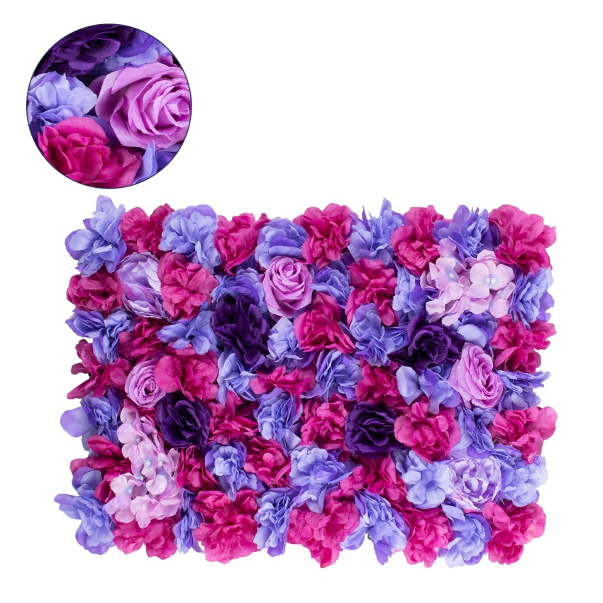 Συνθετικό Τεχνητό Διακοσμητικό Πάνελ Λουλουδιών - Κάθετος Κήπος Τριαντάφυλλο - Ορτανσία - Βιολέτα - Φουξια - Μωβ - Γαλάζιο Μ60 x Υ40 x Π7cm