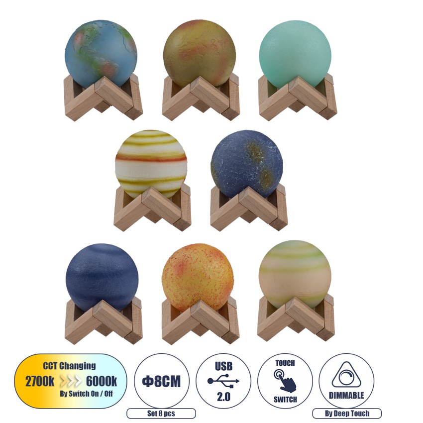 MOON  Σετ 8 Τεμ. Μοντέρνα Επιτραπέζια Φωτιστικα Πορτατίφ LED 2W 120lm 360° DC 5V - Εναλλαγή Φωτισμού μέσω Τηλεχειριστηρίου & Αφής - Dimmable - CCT Θερμό Λευκό 3000K - Ψυχρό Λευκό 6000K  - Φ8 x Υ11 - Πολύχρωμα