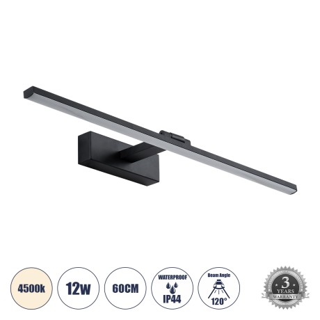GLOBOSTAR® ELLIS  Μοντέρνο Φωτιστικό Τοίχου - Απλίκα Καθρέπτη Μπάνιου LED 12W 1400lm 120° AC 220-240V IP44 Φυσικό Λευκό 4500K - Lumileds SMD Chip & TÜV SÜD Driver - Μαύρο Ματ - Μ60 x Π16 x Υ6cm