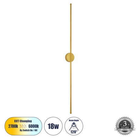 GLOBOSTAR® DIADEM  Μοντέρνο Φωτιστικό Τοίχου - Απλίκα LED 18W 2160lm 120° AC 220-240V IP20 Ρυθμιζόμενο Λευκό CCT με On/Off 2700K/4500K/6000K - Lumileds SMD Chip - Χρυσό Βούρτσας - Μ10 x Π4 x Υ120cm