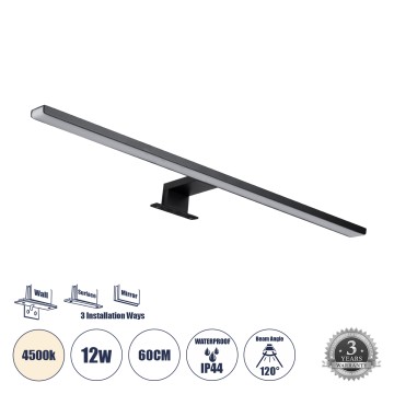 GLOBOSTAR® NINA  Μοντέρνο Φωτιστικό Τοίχου - Απλίκα Καθρέπτη Μπάνιου LED 12W 1400lm 120° AC 220-240V IP44 Φυσικό Λευκό 4500K - Lumileds SMD Chip & TÜV SÜD Driver - Μαύρο Ματ - Μ60 x Π10.5 x Υ4cm