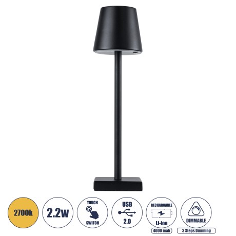 NEGA  Μοντέρνο Επιτραπέζιο Φωτιστικό Πορτατίφ LED 2.2W 154lm 360° DC 5V Επαναφορτιζόμενο με Μπαταρία Li-ion 4000mAh - Διακόπτη Αφής - Θερμό Λευκό 2700K - Dimmable - D10 x H39cm - Μαύρο