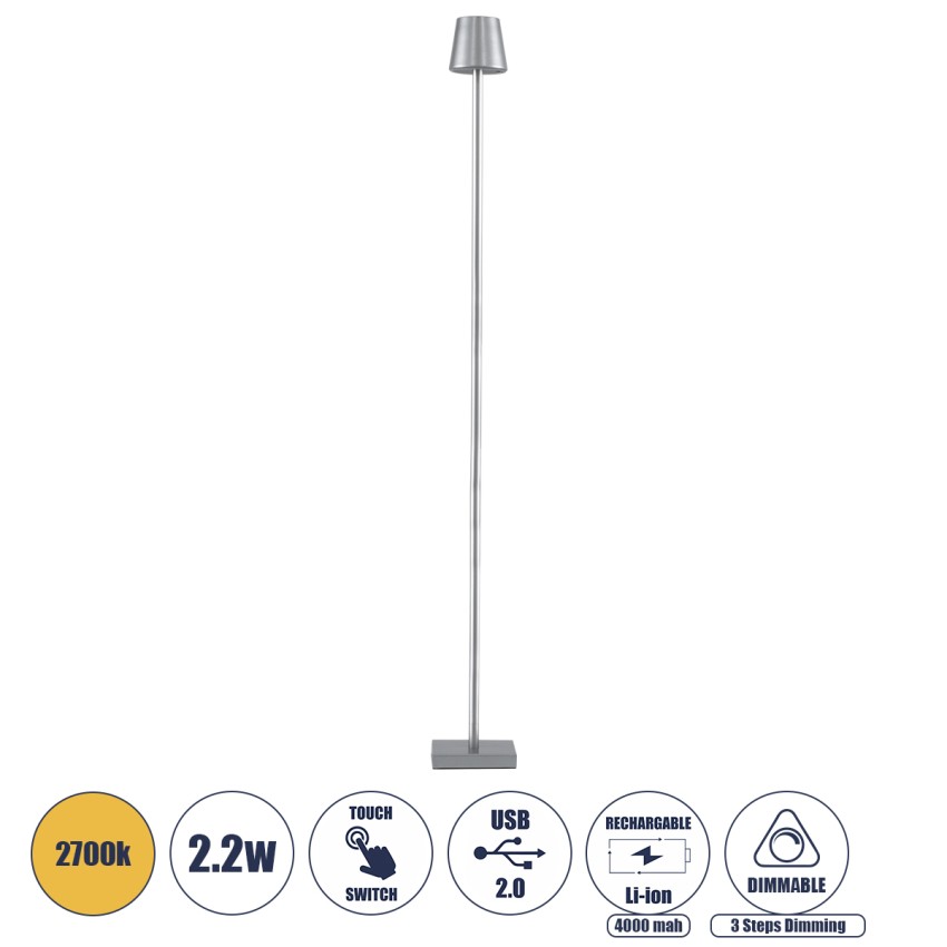 NEGA  Μοντέρνο Επιδαπέδιο Φωτιστικό LED 2.2W 154lm 360° DC 5V Επαναφορτιζόμενο με Μπαταρία Li-ion 4000mAh - Διακόπτη Αφής - Θερμό Λευκό 2700K - Dimmable - D10 x H135cm - Ασημί