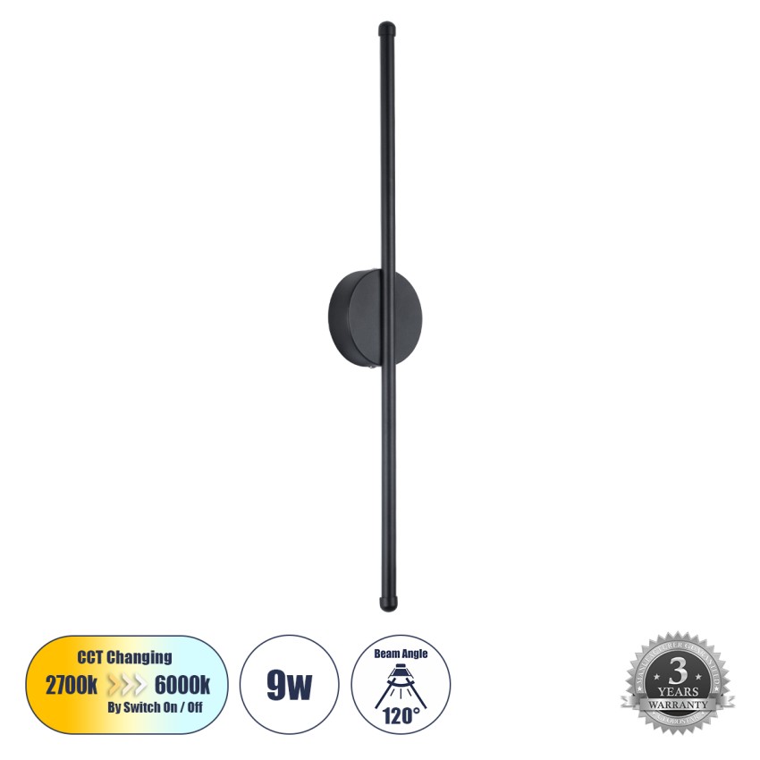 GLOBOSTAR® DIADEM  Μοντέρνο Φωτιστικό Τοίχου - Απλίκα LED 9W 1080lm 120° AC 220-240V IP20 Ρυθμιζόμενο Λευκό CCT με On/Off 2700K/4500K/6000K - Lumileds SMD Chip - Μαύρο Ματ - Μ10 x Π4 x Υ60cm