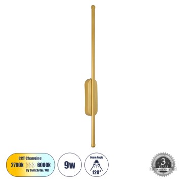 HARLEM  Φωτιστικό Τοίχου - Απλίκα Design LED CCT 9W 1080lm 120° AC 220-240V - Εναλλαγή Φωτισμού μέσω Διακόπτη On/Off All In One Ψυχρό 6000k+Φυσικό 4500k+Θερμό 2700k Μ5 x Π4 x Υ60cm - Χρυσό