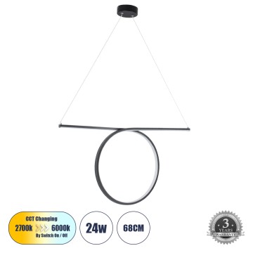 GLOBOSTAR® ROME  Μοντέρνο Κρεμαστό Φωτιστικό Οροφής LED 24W 2640lm 200° AC 220-240V IP20 Ρυθμιζόμενο Λευκό CCT με On/Off 2700K/4500K/6000K - Lumileds SMD Chip - Μαύρο Ματ - Μ65.5 x Π4 x Υ33cm