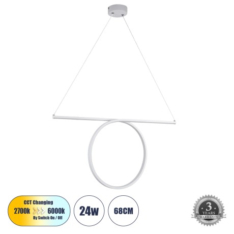 GLOBOSTAR® ROME  Μοντέρνο Κρεμαστό Φωτιστικό Οροφής LED 24W 2640lm 200° AC 220-240V IP20 Ρυθμιζόμενο Λευκό CCT με On/Off 2700K/4500K/6000K - Lumileds SMD Chip - Λευκό Ματ - Μ65.5 x Π4 x Υ33cm