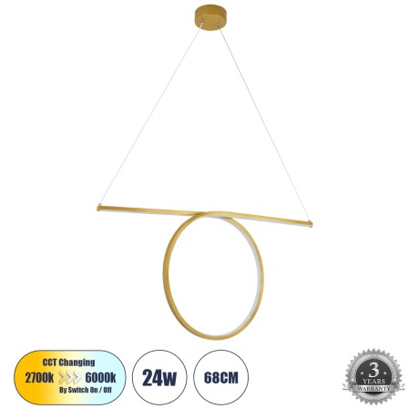 GLOBOSTAR® ROME  Μοντέρνο Κρεμαστό Φωτιστικό Οροφής LED 24W 2640lm 200° AC 220-240V IP20 Ρυθμιζόμενο Λευκό CCT με On/Off 2700K/4500K/6000K - Lumileds SMD Chip - Χρυσό Βούρτσας - Μ65.5 x Π4 x Υ33cm