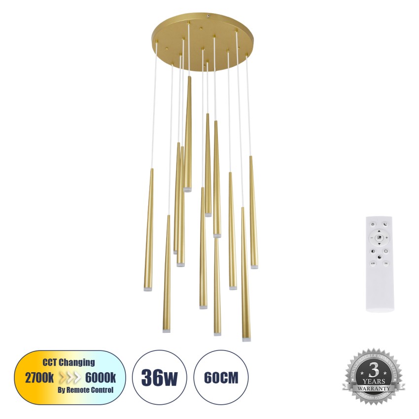 TEARS  Κρεμαστό Φωτιστικό Οροφής Design LED CCT 36W 3960lm 180° AC 220-240V - Εναλλαγή Φωτισμού μέσω Τηλεχειριστηρίου All In One Ψυχρό 6000k+Φυσικό 4500k+Θερμό 2700k Dimmable Φ60 x Υ51.5cm - Χρυσό Βούρτσας