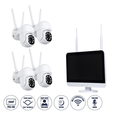 Ασύρματο Καταγραφικό με Οθόνη - 4 x Camera 2MP 1080P WiFi  360° Μοιρών - Αδιάβροχο IP66 - Νυχτερινή Όραση με LED IR - Διπλή Κατέυθυνση Ομιλίας - Ανιχνευτή Κίνησης - Νυχτερινή Λήψη - Λευκό
