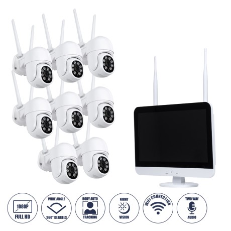 Ασύρματο Καταγραφικό με Οθόνη - 8 x Camera 2MP 1080P WiFi  360° Μοιρών - Αδιάβροχο IP66 - Νυχτερινή Όραση με LED IR - Διπλή Κατέυθυνση Ομιλίας - Ανιχνευτή Κίνησης - Νυχτερινή Λήψη - Λευκό