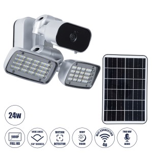 Αυτόνομος Ηλιακός Προβολέας LED SMD 24W 1200lm με IP Camera 1080P 2MP 4G SIM CARD WiFi 150° Ενσωματωμένη Μπαταρία 3200mAh Φωτοβολταϊκό Πάνελ Αισθητήρα Ημέρας-Νύχτας & Ρύθμιση Χρόνου Ανάμματος Αδιάβροχος IP66 Ψυχρό Λευκό 6000K - Ασημί